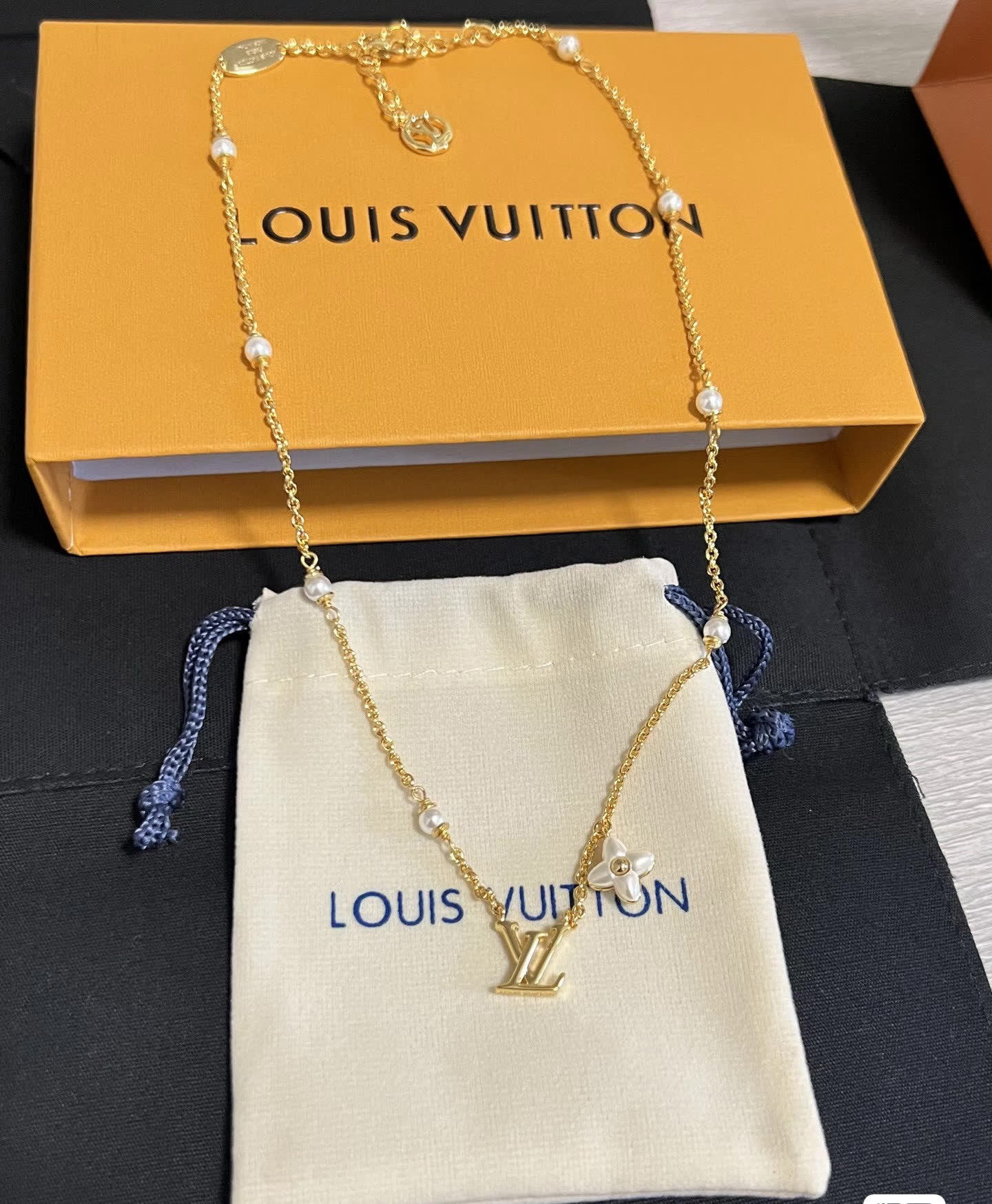 Louis Vuitton Earrings - Gold 'LV' Logo with Pearl Flower Design
